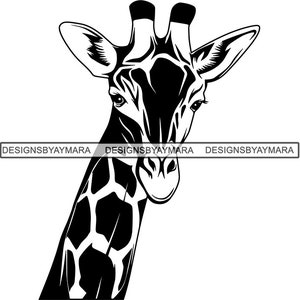 May include: Black and white silhouette of a giraffe's head and neck. The giraffe is looking to the left. The giraffe has a spotted pattern on its neck.