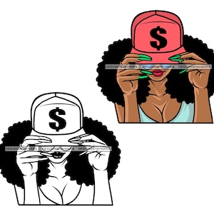 Melanin African Portrait Woman Curly Kinky Hair Wearing Baseball Cap Money Sign Long Nails Hustler Grind Vector Designs SVG PNG JPG Cutting
