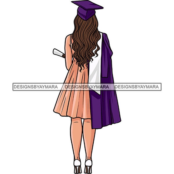 Graduation Woman Diploma Gown Cap Degree Tassel Grad Graduate Graduating Degree Certificate Student SVG PNG JPG Print Cutting Vector Designs