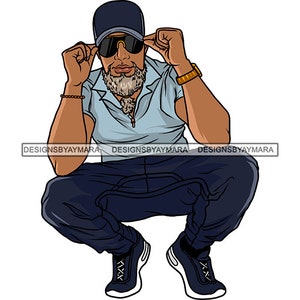 Bel homme africain mature plus âgé cheveux gris chapeau de baseball lunettes de soleil accroupi barbu barbe SVG PNG JPG coupe conceptions de sublimation