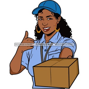 Poczta Afro Kobieta Dostarczająca Paczkę Skrzynka Pocztowa Kurier Pracownik SVG JPG PNG Wektor Clipart Cricut Sylwetka Obwód Cięcie Cięcie