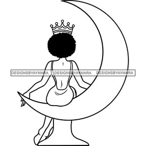 Afro-Amerikaner Schwarze Frau Königin Sitzend Mond Langes Kleid Afro Frisur Royal Power Lady Ski Peace SVG PNG JPG Print Schneiden Vektor Design