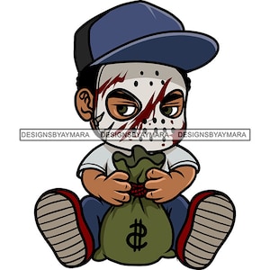 Creepy Toddler Boy Maschera da hockey Cappello da baseball Sangue Spooky Money Bag Hustler Street Dope Boy Hustling SVG PNG JPG Stampa Taglio Disegni vettoriali