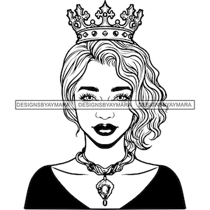 Queen Beautiful Woman Portrait Trägt Krone Curly Frisur Young Lady Royal Royalty Power SVG PNG JPG Art Sublimation Cut Designs Print