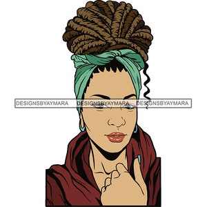 May include: A woman with brown dreadlocks tied up in a teal headscarf. She is wearing a maroon scarf and has a light blue nail polish on her finger.