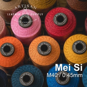 May include: Close-up of spools of colorful waxed linen thread, labeled "Mei Si Super Fine Linen Thread" and "M40/0.45mm".