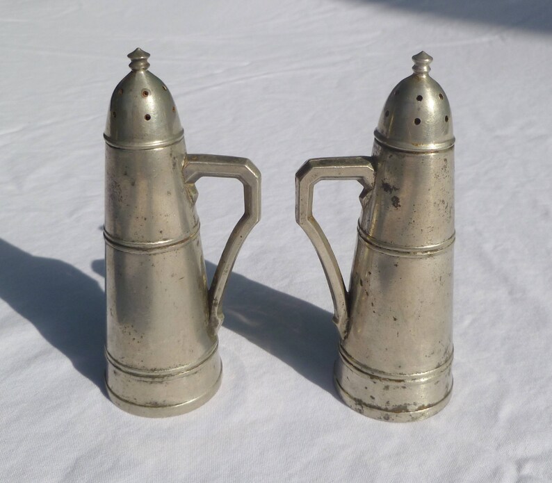 vintage peerless pewter salt and pepper shakers with screw top image 2