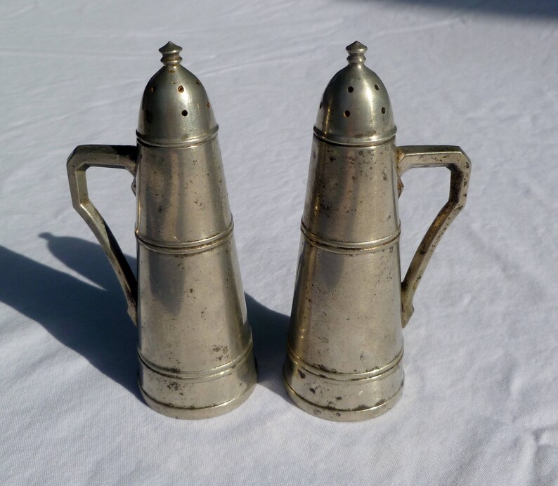 vintage peerless pewter salt and pepper shakers with screw top image 1