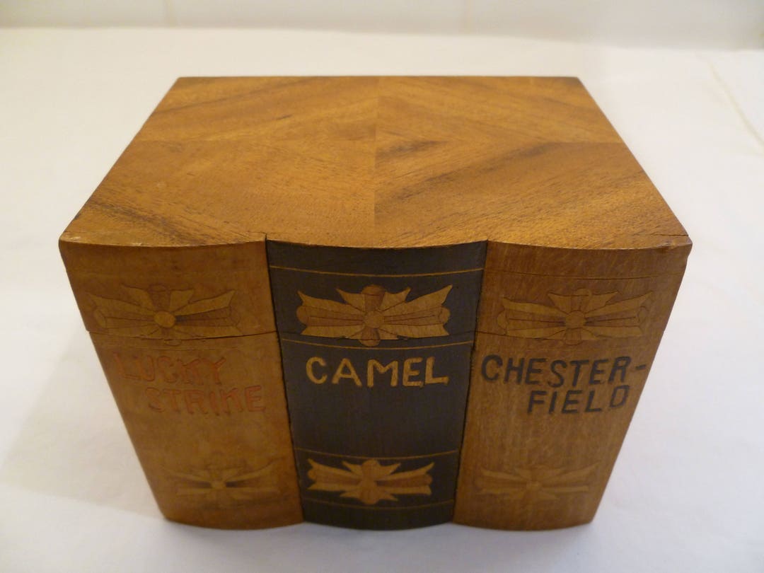 Vintage Wooden Cigarette Box With Lucky Strike, Camel and Chesterfield