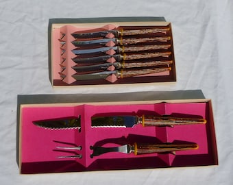 vintage carving set with 6 steak knives in original boxes