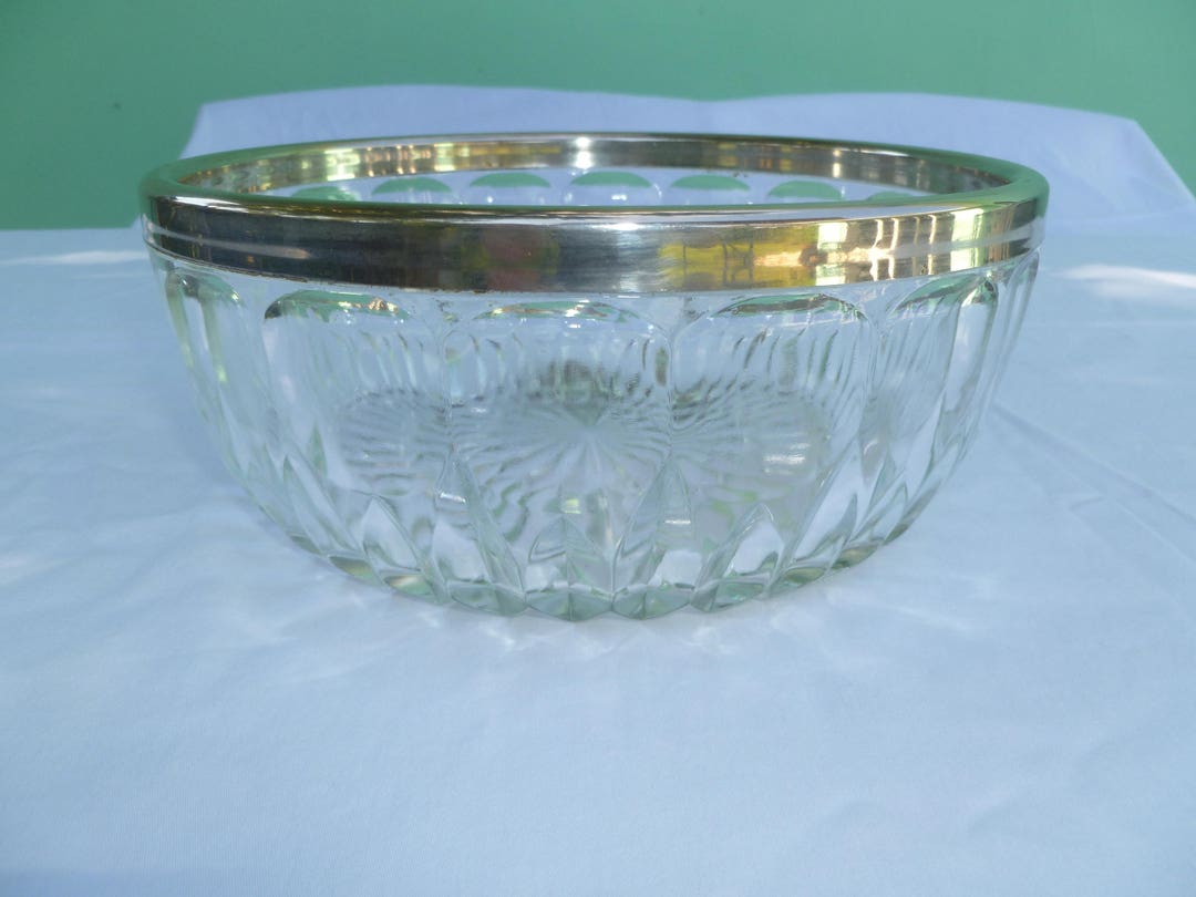 Vintage Cut Glass Serving Bowl With Silver Rim Etsy