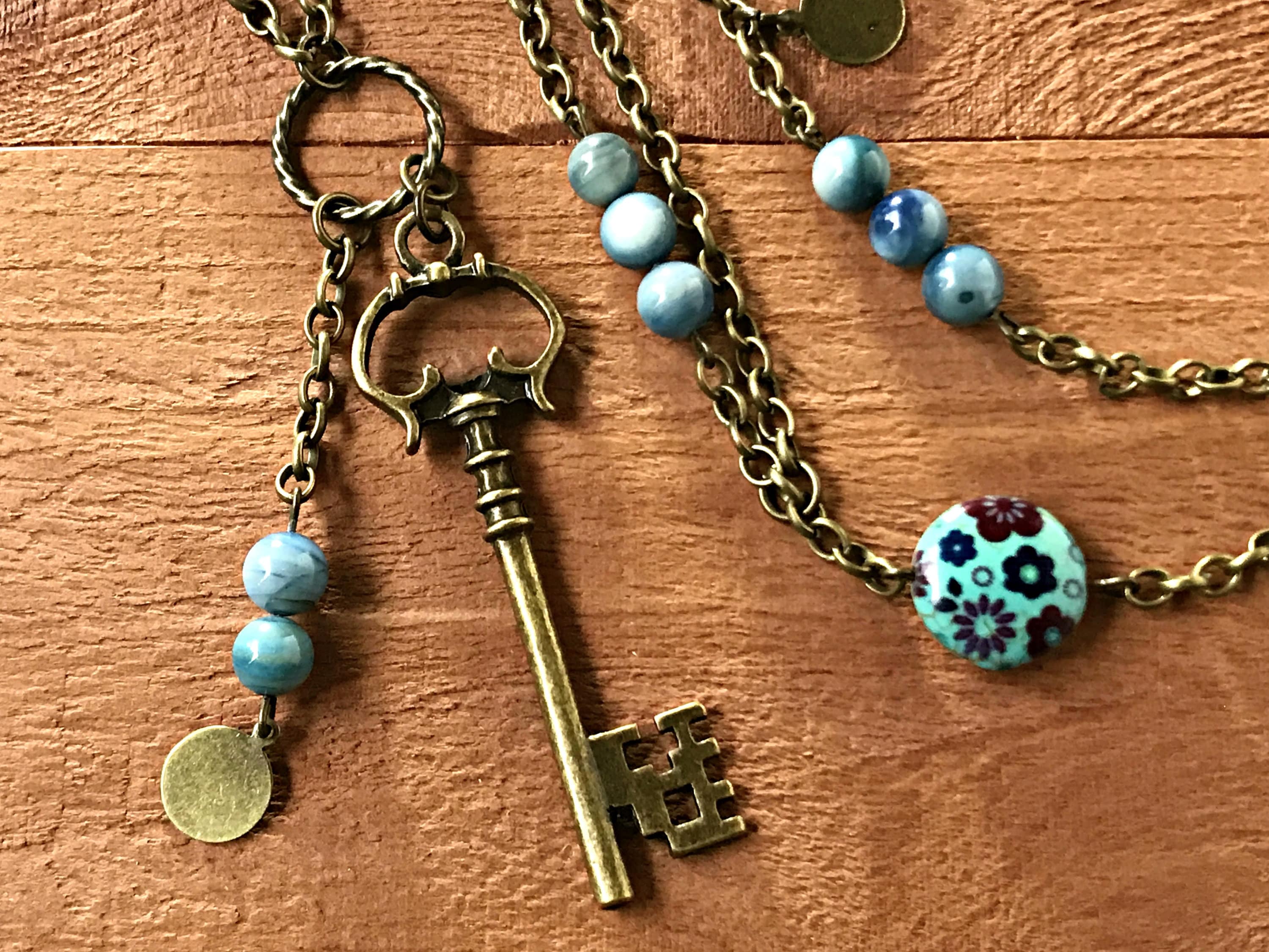 Bronze Skeleton Key Pendant Necklace Long Boho Flower Etsy