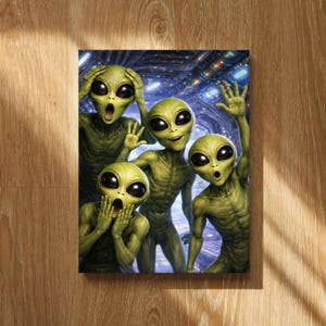 May include: A canvas print featuring four green aliens with large black eyes. The aliens are in a futuristic setting, with one raising a hand, and others with surprised expressions. The artwork has a sci-fi theme.