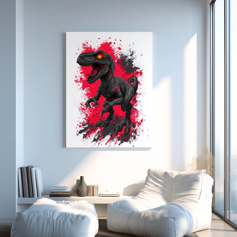 Velociraptor Canvas Wall Art, Dark Dinosaur Artwork, Aggressive Raptor ...