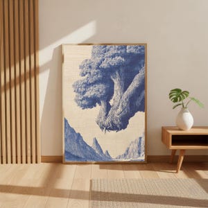 May include: A framed art print featuring a detailed blue and white illustration of a large tree and mountain landscape. The artwork has a textured appearance and is displayed in a wooden frame, adding a touch of natural elegance to the decor.