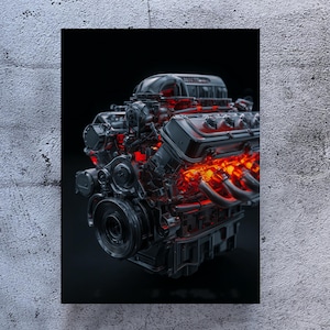 May include: A detailed, dark gray engine with red glowing accents. The image showcases the intricate mechanics of the engine, highlighting its complex design and internal components. The engine is set against a black background.