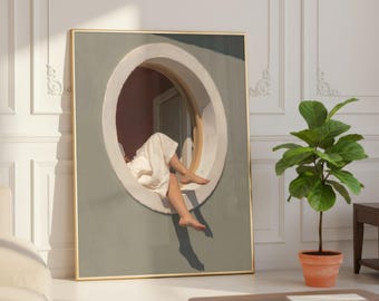 Retro Aesthetic Woman Legs Print, Brass Inlay Plaster Wall Decor, Vertical Line Minimalist Poster, Modern Sage Green Art, Circular Window