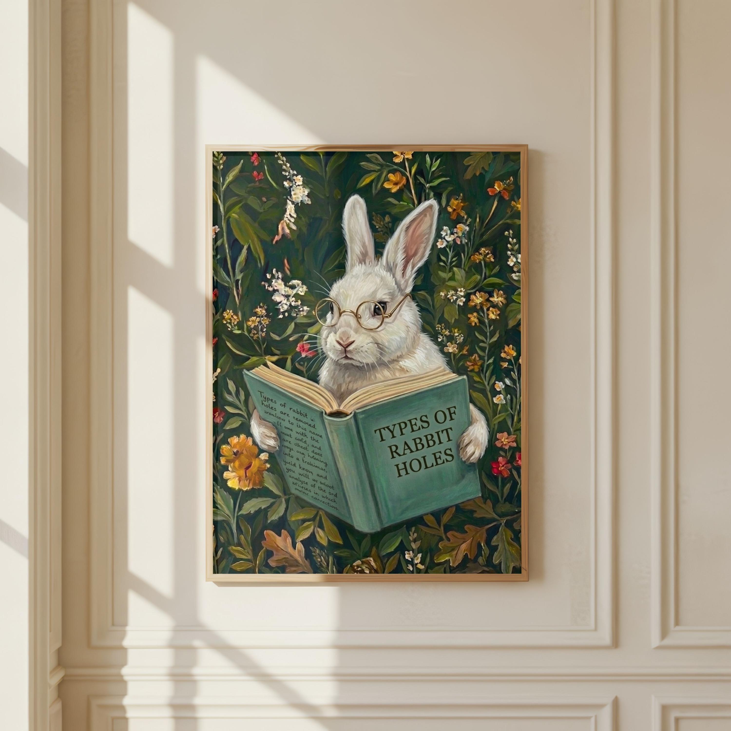 Funny Rabbit Book Funny Rabbit Reading Book Art Print, Whimsical Bunny Wall Art, Types of ...