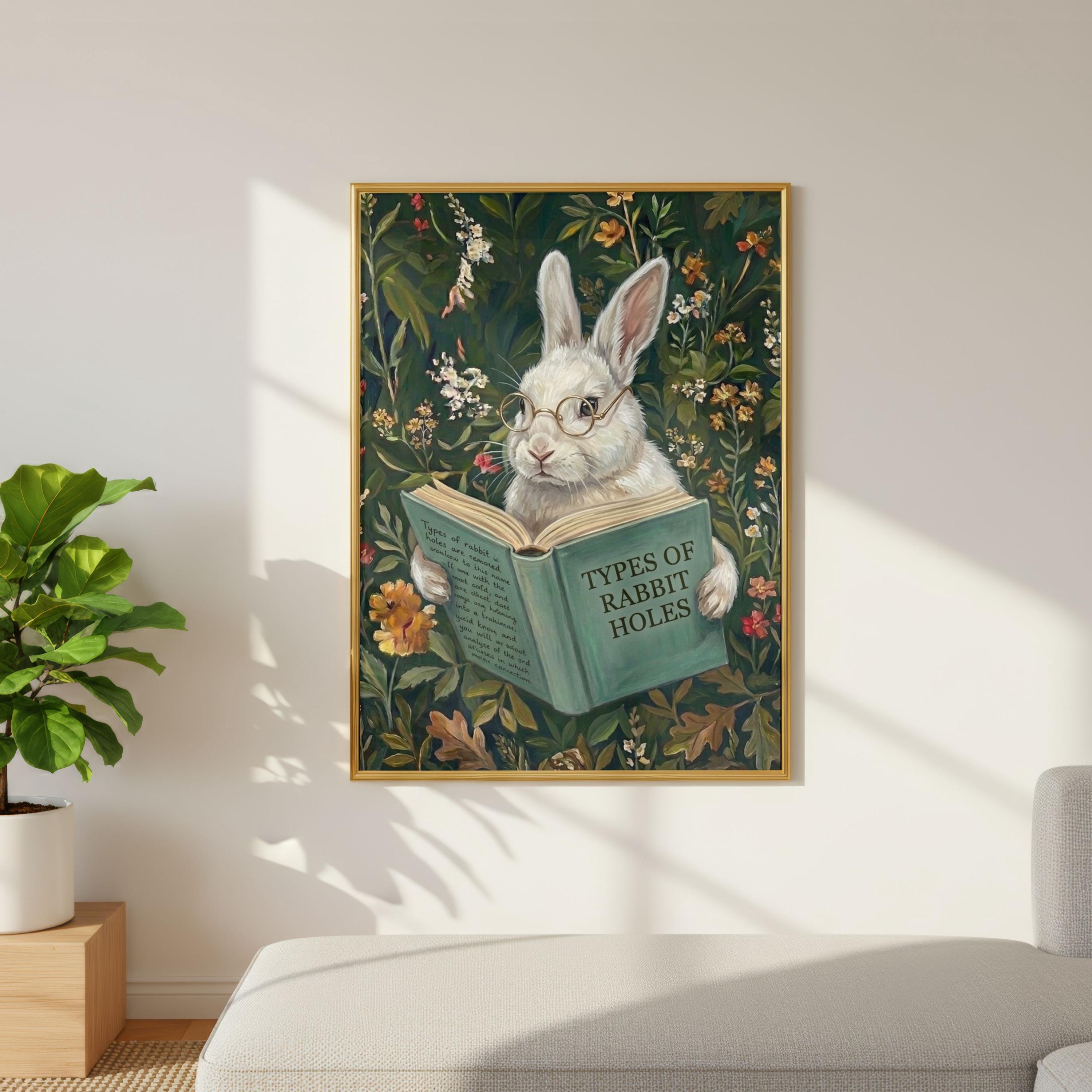 Funny Rabbit Book Funny Rabbit Reading Book Art Print, Whimsical Bunny Wall Art, Types of ...