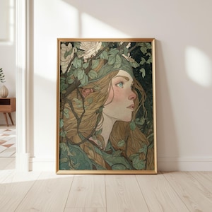 May include: A framed art print featuring a profile of a woman with long blonde hair and blue eyes, surrounded by green leaves and white roses. The artwork has a vintage, botanical illustration style with a gold frame.