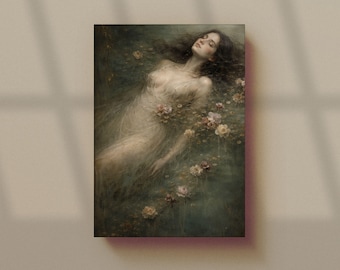 Ophelia Moody Vintage Canvas Wall Art | Melancholic Woman in Water Painting | Romantic Shakespeare Art Print | Vintage Literary Decor