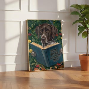 Funny German Shorthaired Pointer Art Print, Dog Reading Book Poster, GSP Wall Decor