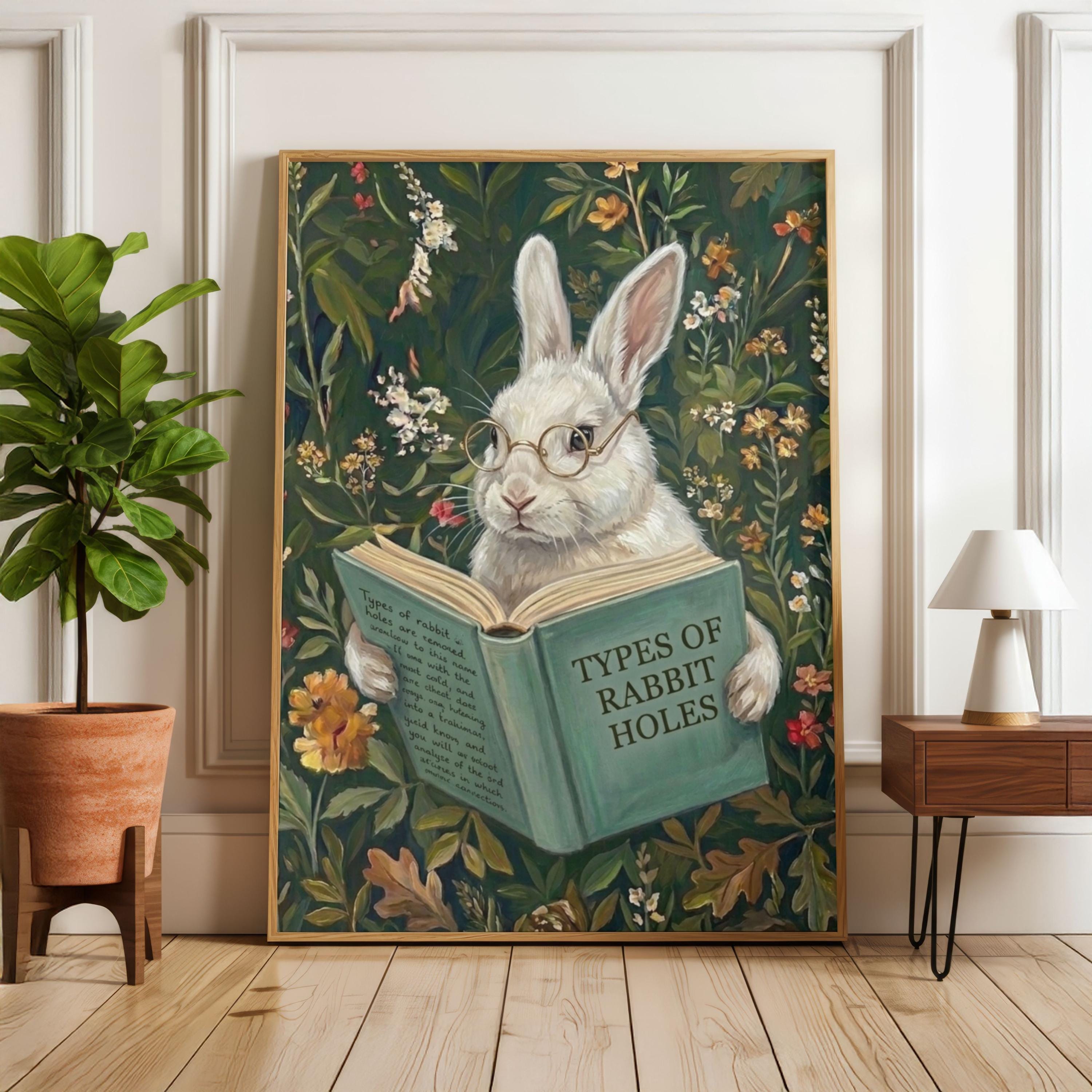 Funny Rabbit Book Funny Rabbit Reading Book Art Print, Whimsical Bunny Wall Art, Types of ...
