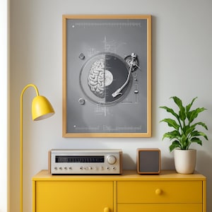 May include: A framed print featuring a grayscale illustration of a record player with a brain replacing the record. The artwork is set against a gray background with architectural sketches. A yellow lamp and cabinet with a stereo and speaker are in the foreground.