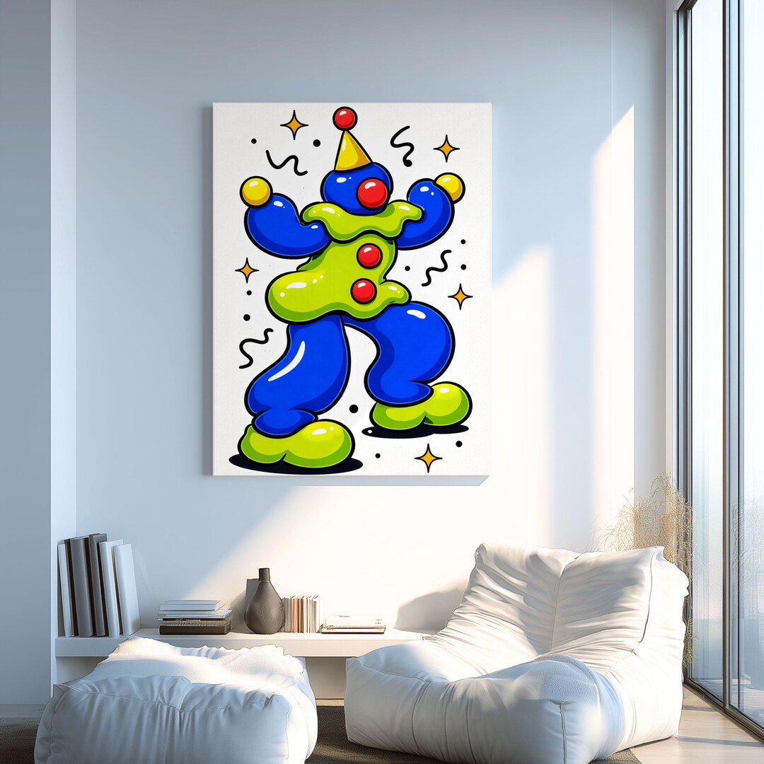 Bouncy Clown Silhouette Primary Colors Canvas Memphis Funhaus Wall Art ...