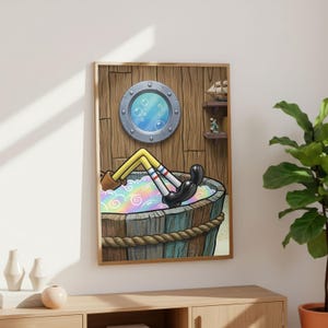 May include: A framed cartoon print depicts a character relaxing in a wooden tub filled with rainbow-colored bubbles. The character's yellow legs and black shoes are visible. A porthole and wooden wall are in the background.