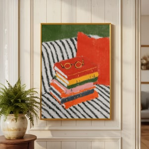 Antique Book Stack Art Colorful Library Wall Decor Bibliophile Gift Print Dark Sage Green Poster Eclectic Home Office Art Reading Nook Decor