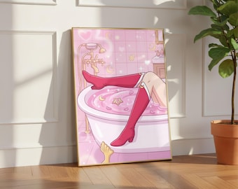 Moon Guardian Bath Wall Art, Red Boots Magical Girl Bathtub Decor, Shimmering Anime Spa