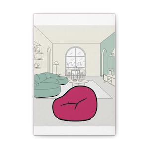Puede incluir: Impresión en lienzo que presenta una escena interior estilizada. Una gran silla puf magenta está en primer plano. También se ven un sofá seccional turquesa, una mesa de centro redonda y una mesa de comedor. El fondo es de color claro con contornos negros.