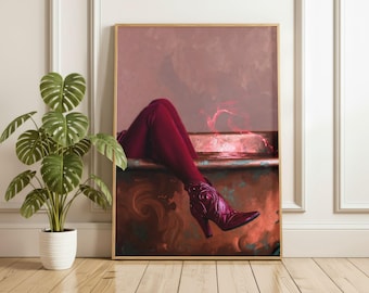 Crimson Sorceress Bathroom Decor - Red and Copper Suit Art Print - Mystical Heroine Minimalist Wall Ar