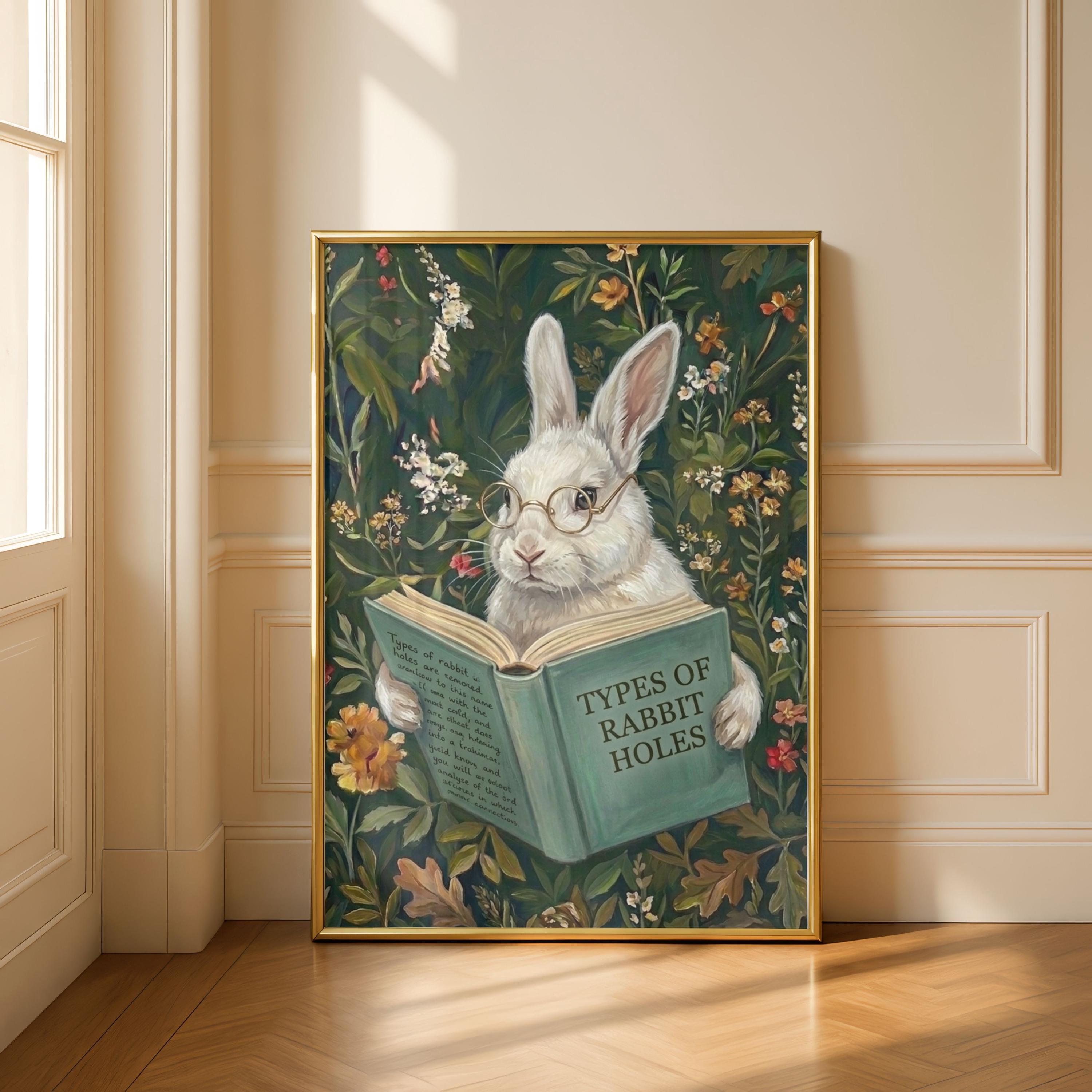 Funny Rabbit Book Funny Rabbit Reading Book Art Print, Whimsical Bunny Wall Art, Types of ...