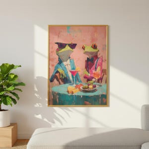 Dapper Frogs Martini Night, Funny Frog Cocktail Poster, Colorful Animal Art, Whimsical Bar Decor, Oil Painting Style Frogs Drinking Martini