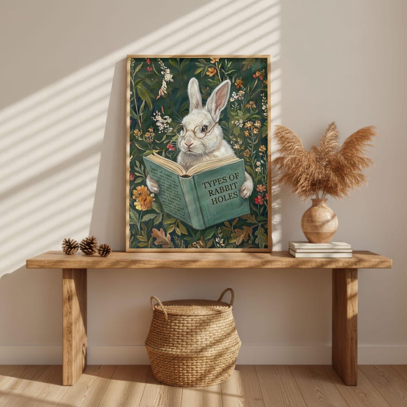 Funny Rabbit Book Funny Rabbit Reading Book Art Print, Whimsical Bunny Wall Art, Types of ...