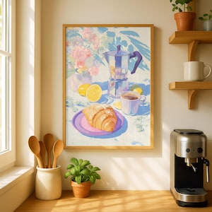 French Breakfast Art Print, Moka Pot Still Life, Pastel Kitchen Wall Art, Croissant and Coffee Poster, Colorful Morning Cafe Decor, Gift