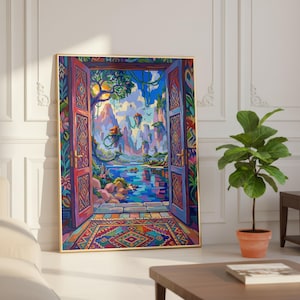 Bioluminescent Jungle Canopy Art Print, Vibrant Exotic Rainforest Poster, Henri Matisse Style Floating Mountains Wall Decor