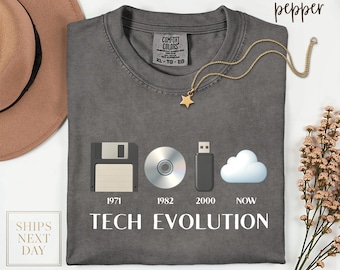Tech Evolution Comfort Colors Shirt, Retro Technology Timeline T-Shirt, Floppy Disk to Cloud Graphic Tee for Tech Lovers & IT Veterans Gift