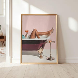 Woman in Bathtub Oil Painting, Moody Neo Deco Bathroom Art, Luxury Mahogany Skin Print, Impasto Burgundy & Brass Wall Decor Poster