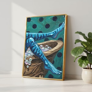 Bioluminescent Blue Alien Bathroom Art, Sci-Fi Forest Bathtub Print, Exotic Blue Stripes Wall Decor