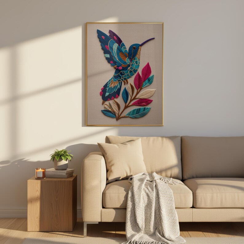 Hummingbird Wall Art Print, Mexican Folk Art Embroidery Style, Aztec ...