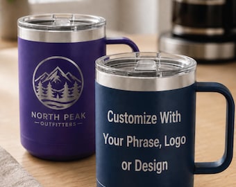 Personalized Coffee Mug with Lid | 15 oz Insulated Coffee Cup with Lid | Custom Cup with Name, Company Logo or Design For Your Coffee Lover
