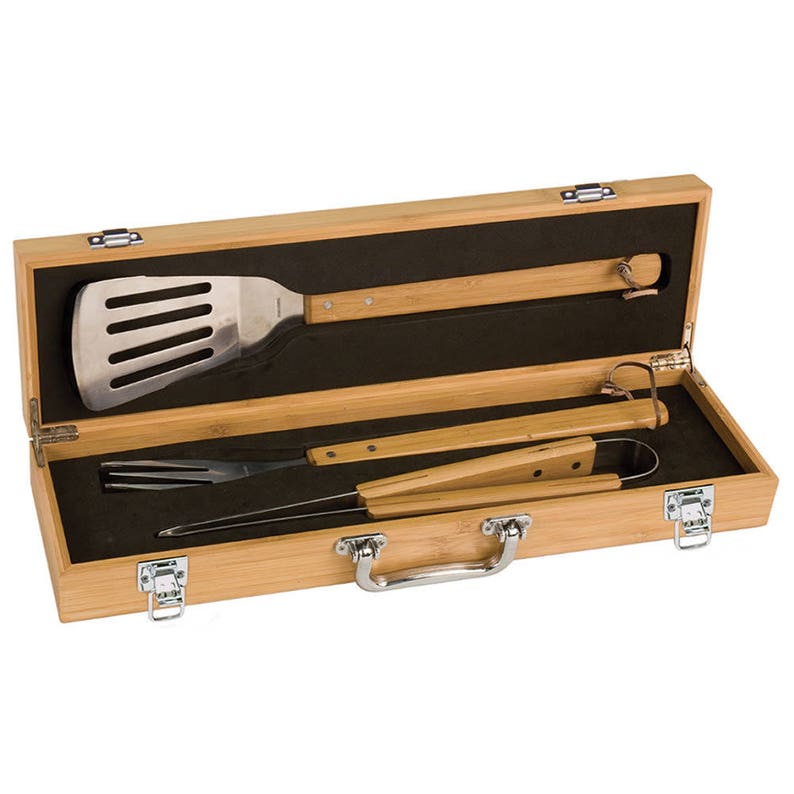 Gifts For Guys Gifts For Men Personalized Grilling Tool Set with Monogrammed Bamboo Case Grilling Gifts 3 Piece Stainless Steel
