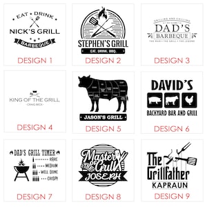 May include: Nine different designs for grill-themed logos. The designs feature various grill-related imagery, including a grill, a cow, a pig, a chicken, and a spatula. The logos are all in black and white and have a vintage look.