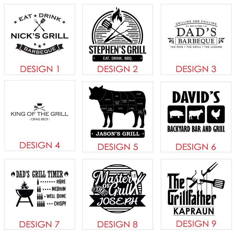 May include: Nine different designs for grill-themed logos. The designs feature various grill-related imagery, including a grill, a cow, a pig, a chicken, and a spatula. The logos are all in black and white and have a vintage look.