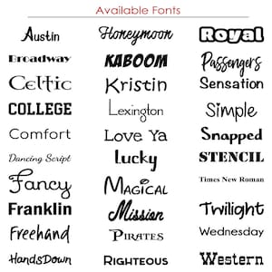 May include: A display of various font styles, including "Austin," "Honeymoon," and "Royal." The text "Available Fonts" is at the top. Each font is presented in a clear, black typeface, showcasing a range of styles from classic to modern.