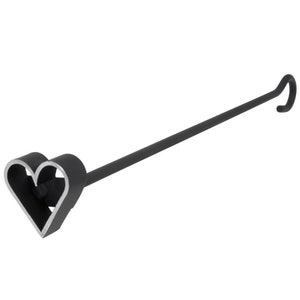 May include: Black metal heart-shaped branding iron with a long handle. The handle has a hook at the end.