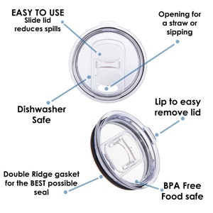 May include: Clear plastic tumbler lid with a black rim. Features include a slide lid, opening for a straw, and a lip for easy removal. Text indicates it is dishwasher safe, BPA free, and food safe.